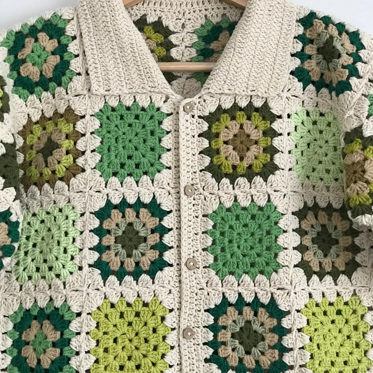 Granny Square Crochet Shirt: Green Beige Cotton Unisex Top