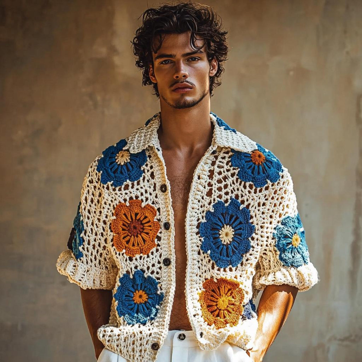 Handmade Crochet Floral Shirt, Boho Knit Patchwork