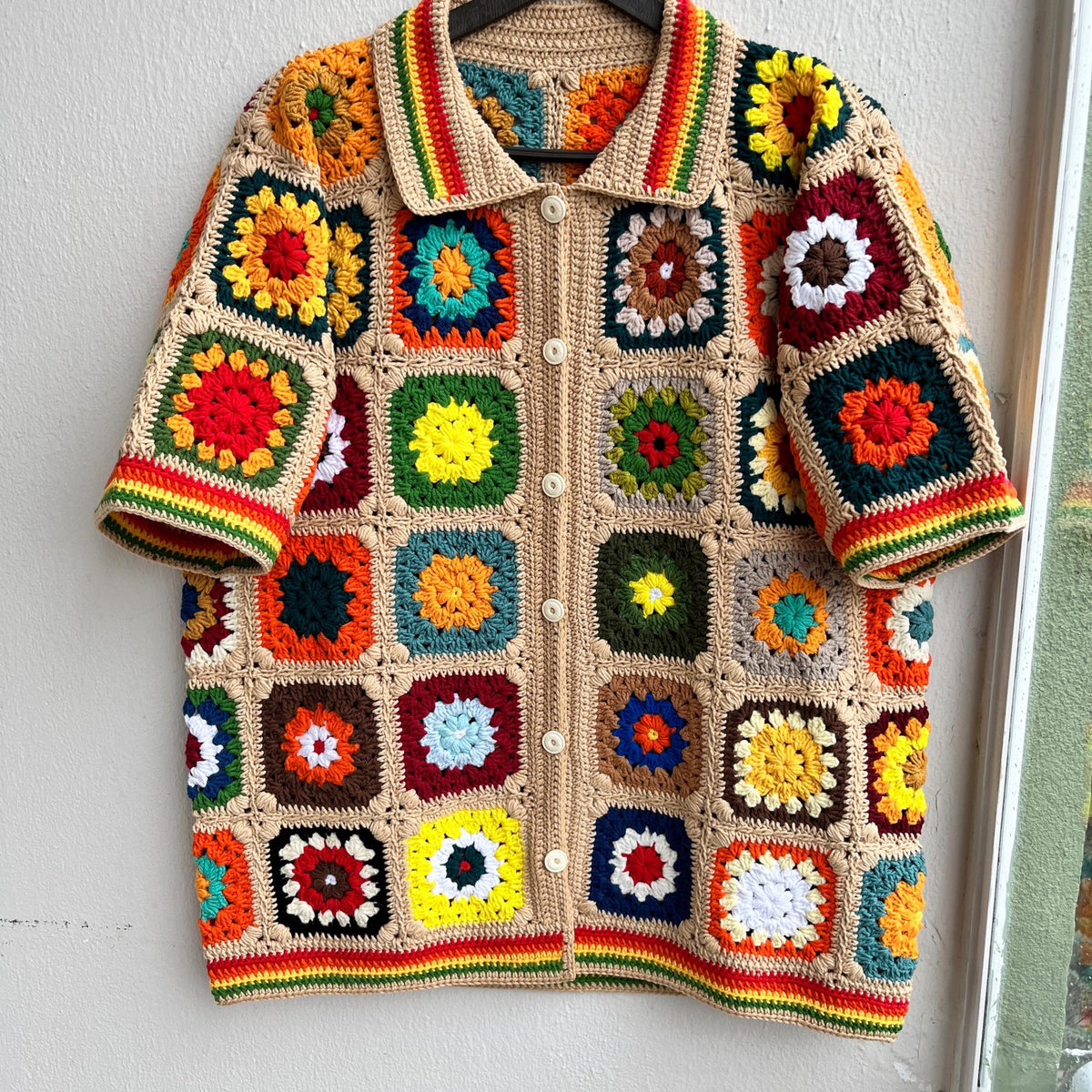 MerlaDesigns Unisex Multicolor Shirt, Summer Shirt, Crochet Square Shirt, Colorful Square Crochet Shirt, Crochet Shirt For Men,Rainbow Shirt