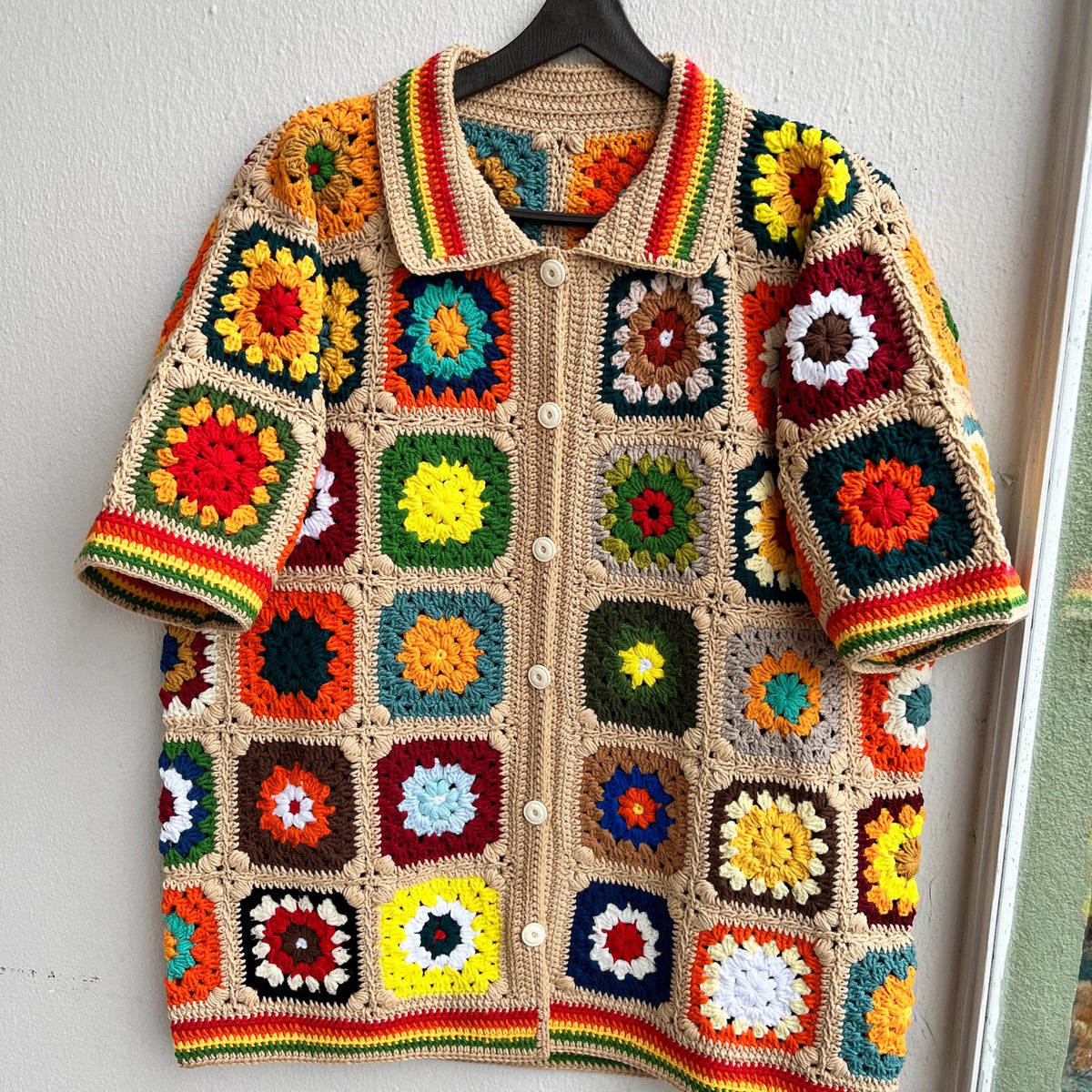 MerlaDesigns Unisex Multicolor Shirt, Summer Shirt, Crochet Square Shirt, Colorful Square Crochet Shirt, Crochet Shirt For Men,Rainbow Shirt