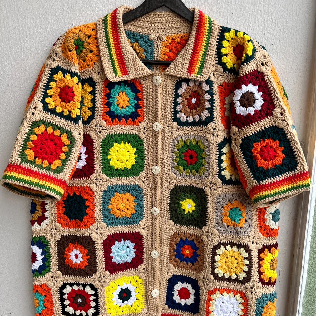 MerlaDesigns Unisex Multicolor Shirt, Summer Shirt, Crochet Square Shirt, Colorful Square Crochet Shirt, Crochet Shirt For Men,Rainbow Shirt