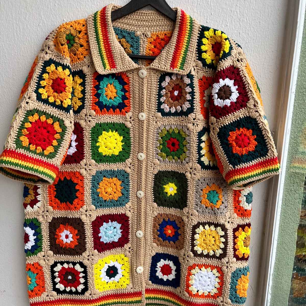 MerlaDesigns Unisex Multicolor Shirt, Summer Shirt, Crochet Square Shirt, Colorful Square Crochet Shirt, Crochet Shirt For Men,Rainbow Shirt