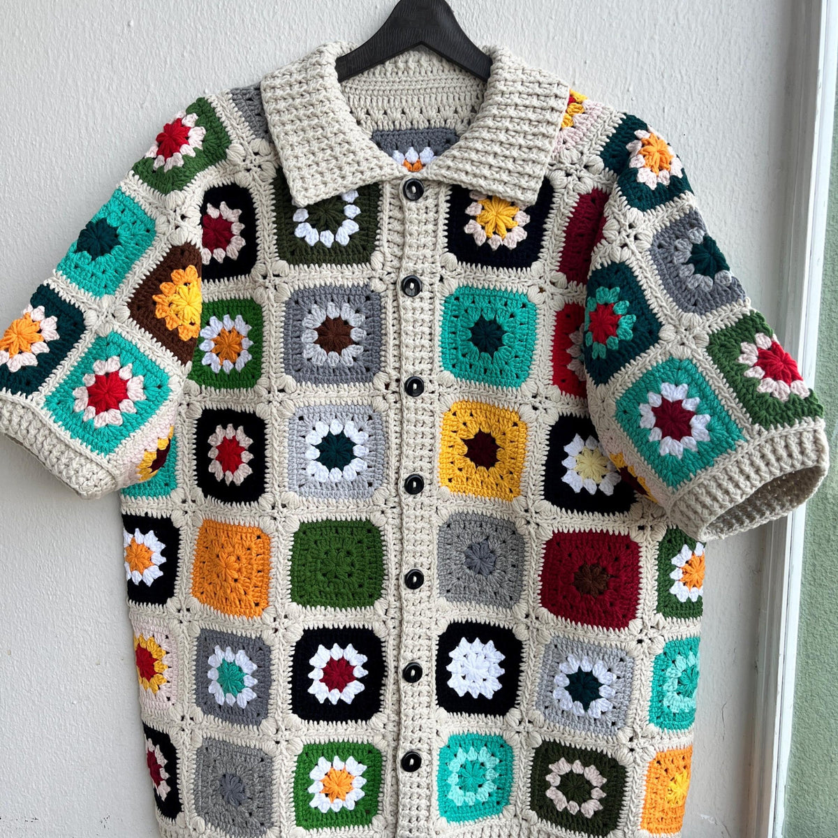MerlaDesigns Unisex Multicolor Shirt, Summer Shirt, Crochet Square Shirt, Colorful Square Crochet Shirt, Crochet Shirt For Men,Rainbow Shirt
