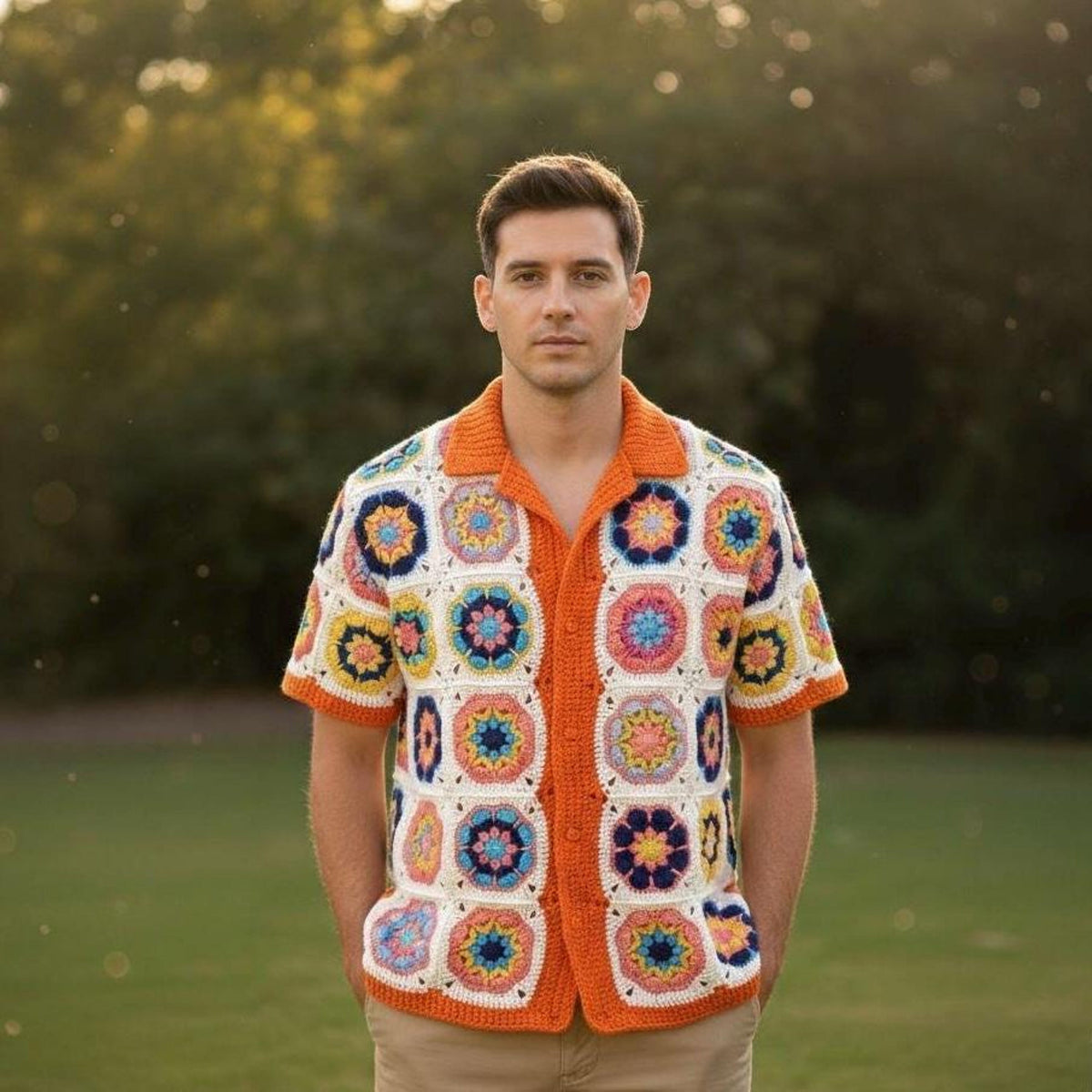 MerlaDesigns Unisex Summer Shirt, Motif Shirt, Crochet Granny Square Shirt,Colorful Square Crochet Shirt, Crochet Shirt For Men, Men’s Shirt