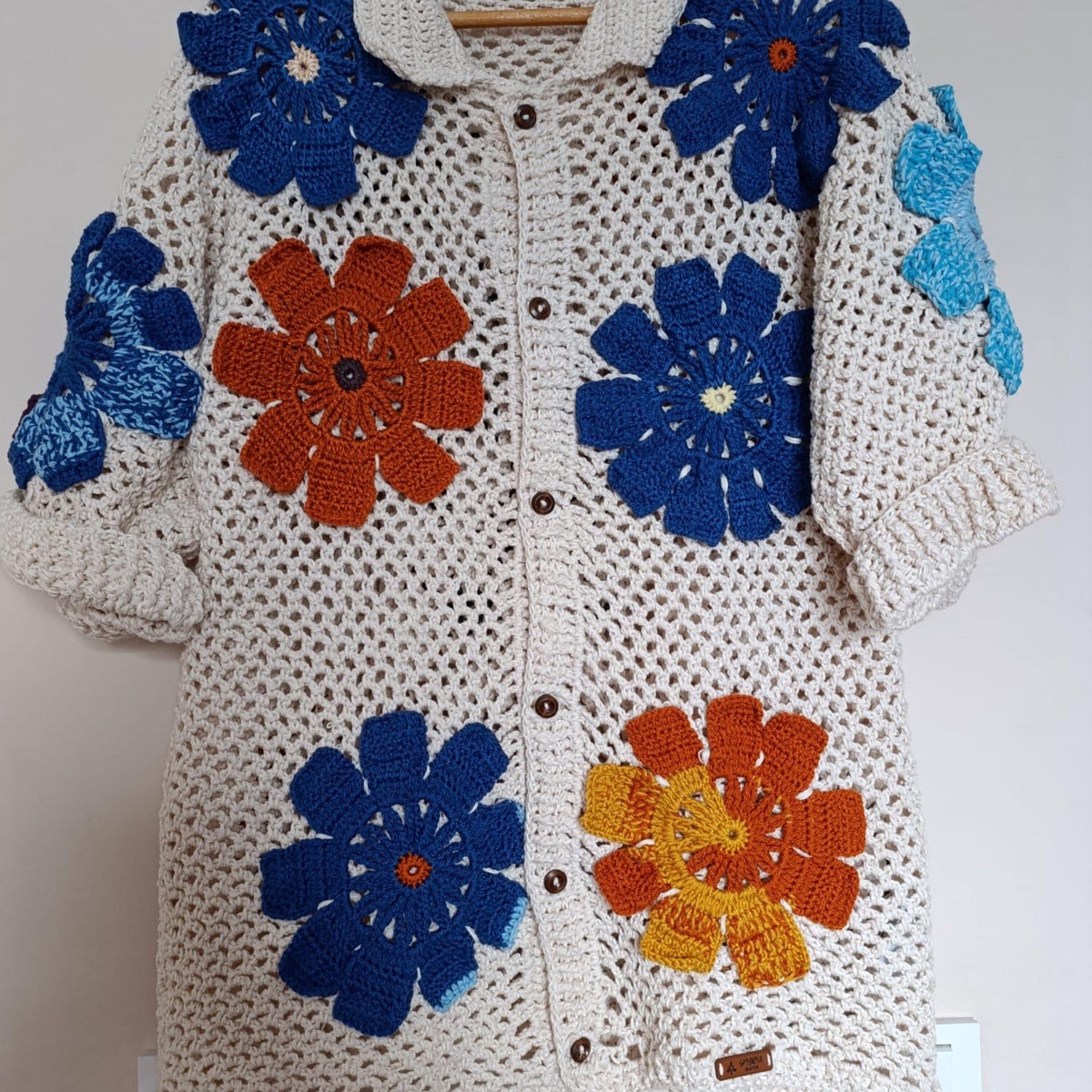 Handmade Crochet Floral Shirt, Boho Knit Patchwork