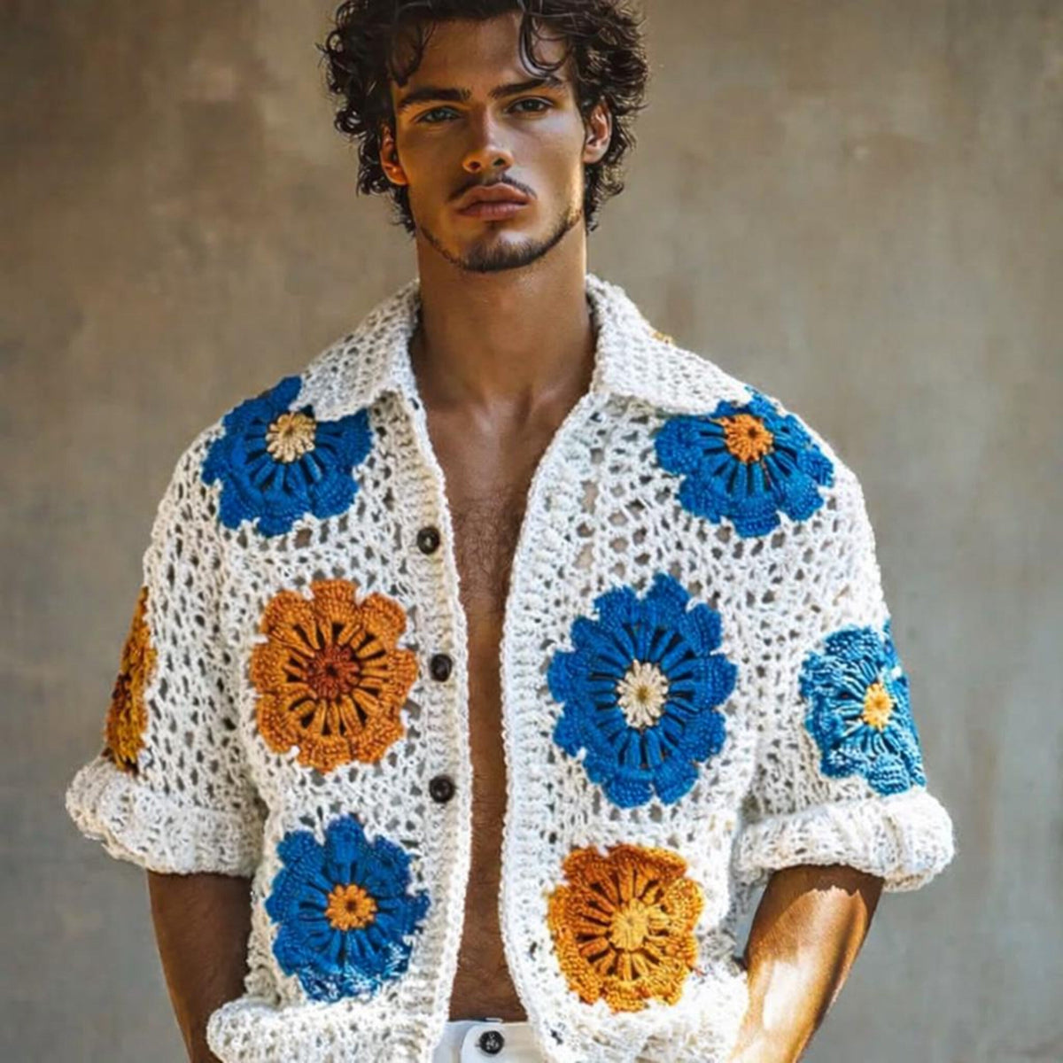 Handmade Crochet Floral Shirt, Boho Knit Patchwork
