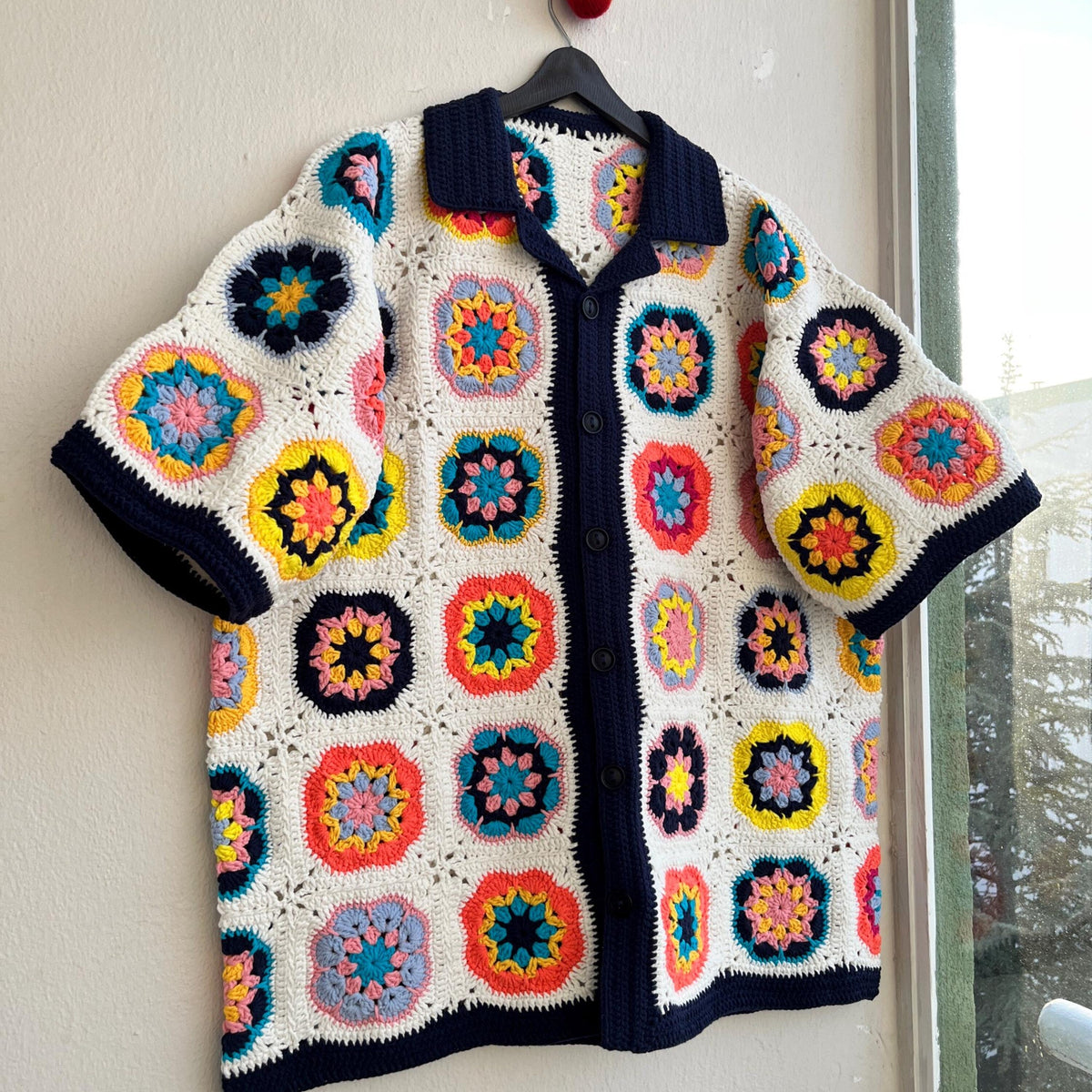 MerlaDesigns Unisex Summer Shirt, Motif Shirt, Crochet Granny Square Shirt,Colorful Square Crochet Shirt, Crochet Shirt For Men, Men’s Shirt