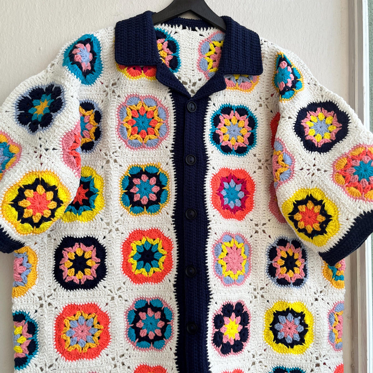 MerlaDesigns Unisex Summer Shirt, Motif Shirt, Crochet Granny Square Shirt,Colorful Square Crochet Shirt, Crochet Shirt For Men, Men’s Shirt