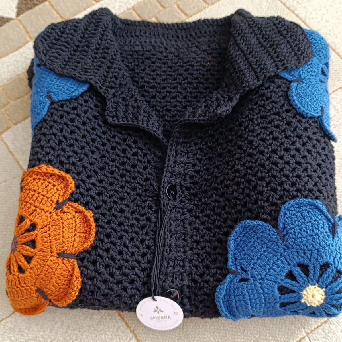 Handmade Crochet Floral Shirt, Boho Knit Patchwork