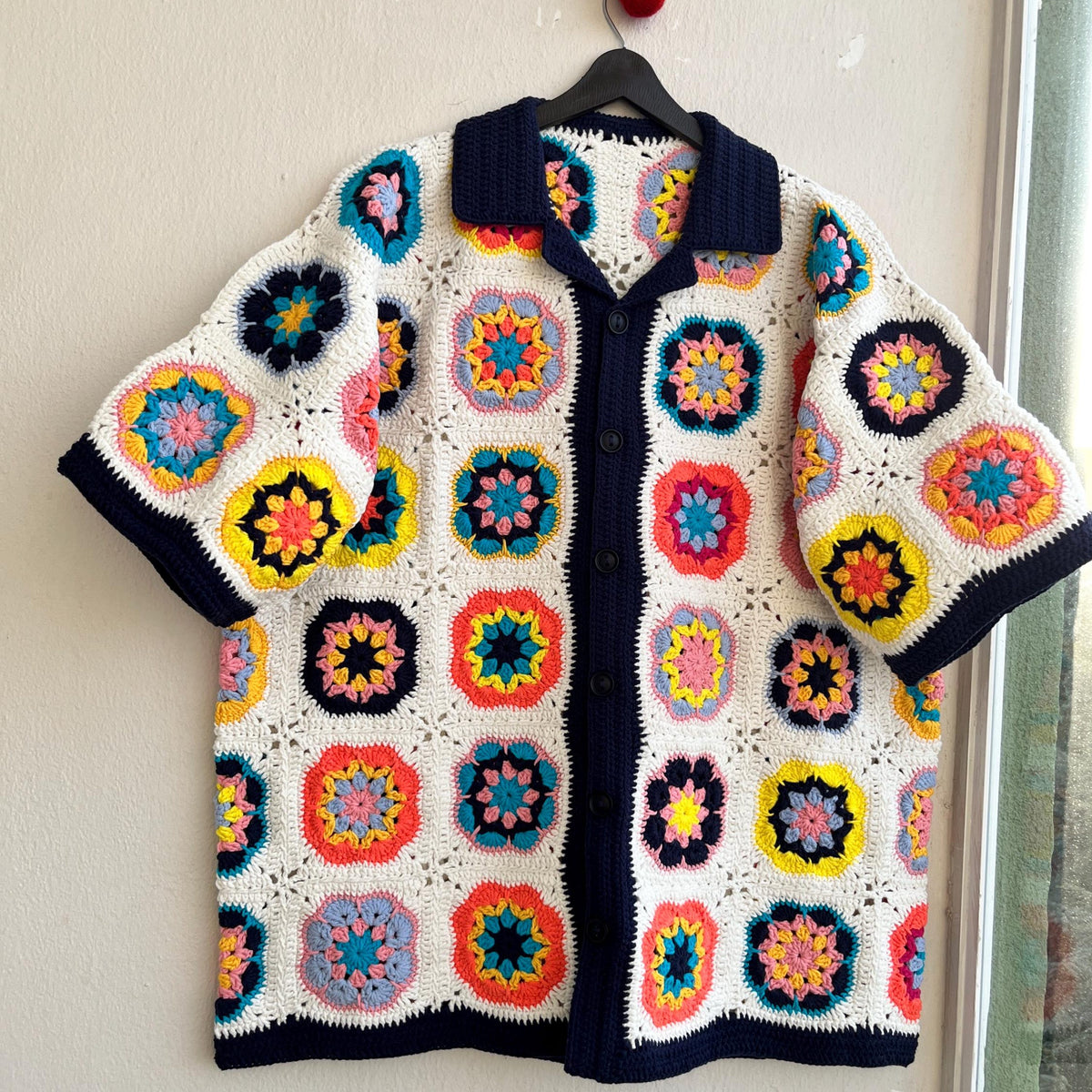 MerlaDesigns Unisex Summer Shirt, Motif Shirt, Crochet Granny Square Shirt,Colorful Square Crochet Shirt, Crochet Shirt For Men, Men’s Shirt