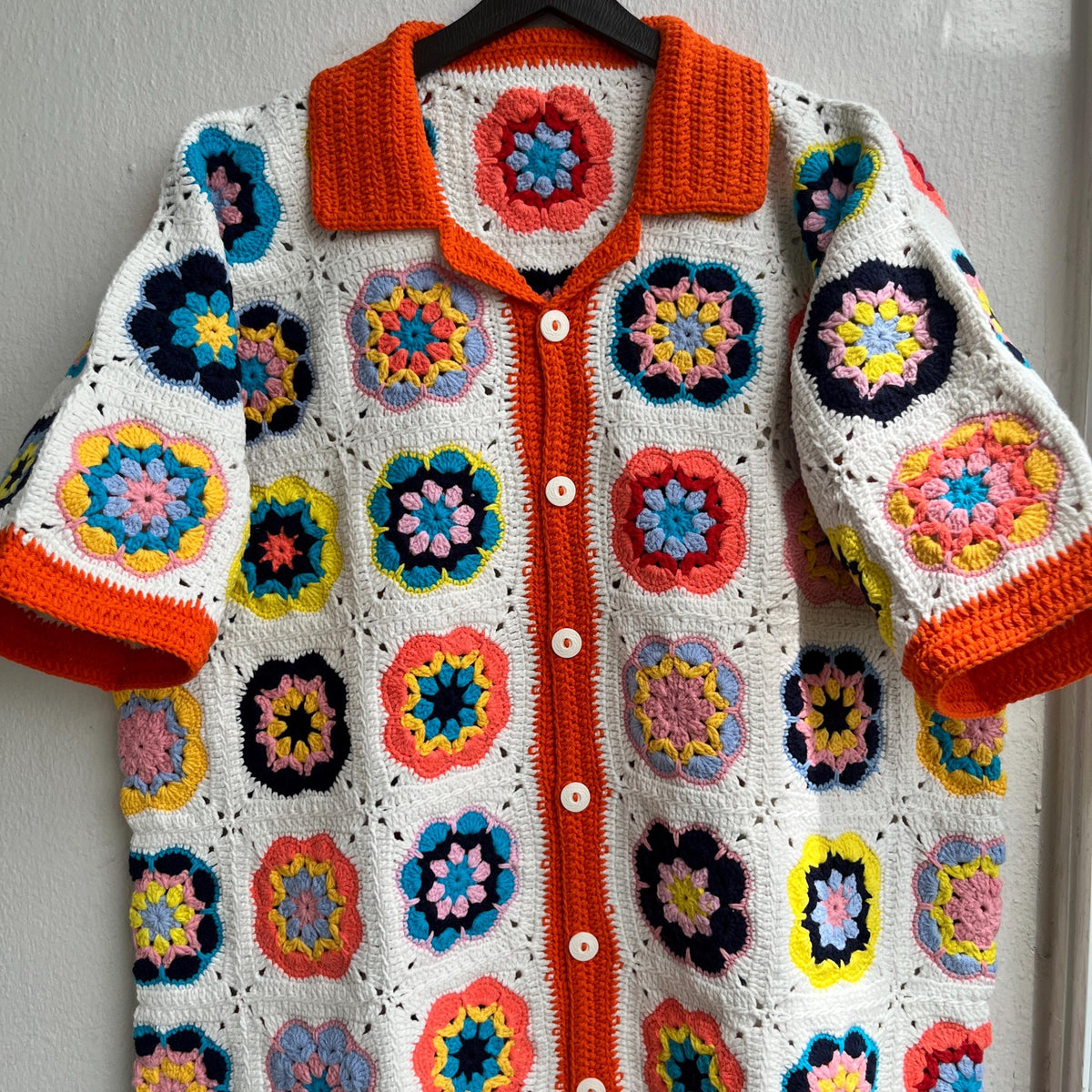 MerlaDesigns Unisex Summer Shirt, Motif Shirt, Crochet Granny Square Shirt,Colorful Square Crochet Shirt, Crochet Shirt For Men, Men’s Shirt