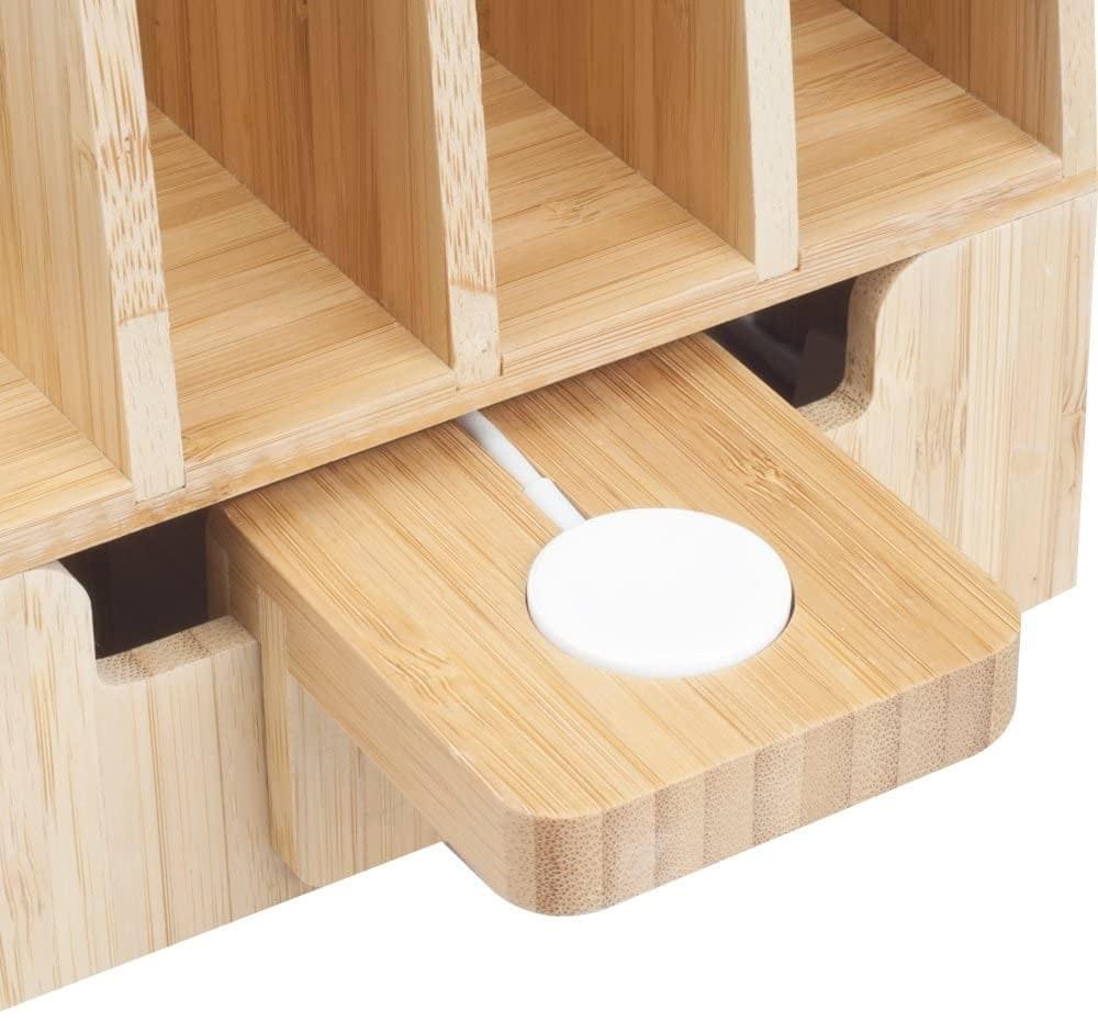 Bamboo Charging Station with Watch Charger Adapter – Multi-Device Organizer for Desk or Nightstand