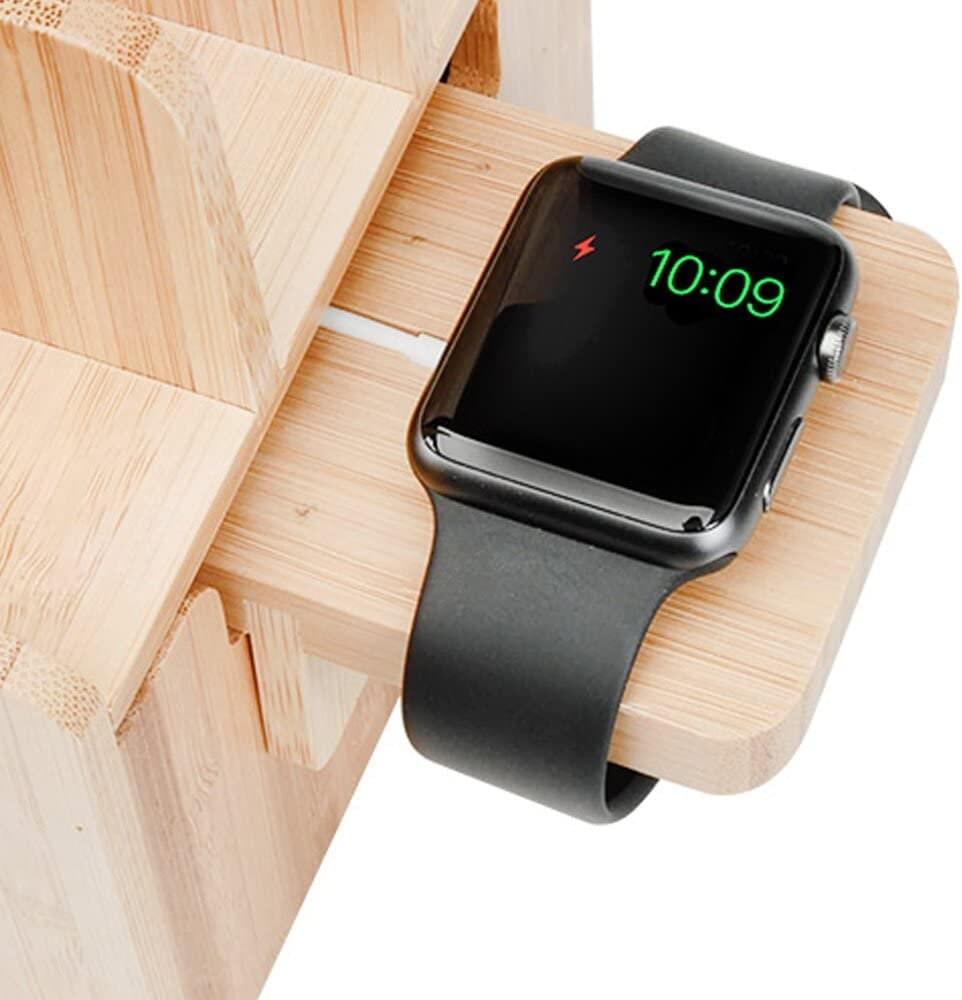 Bamboo Charging Station with Watch Charger Adapter – Multi-Device Organizer for Desk or Nightstand