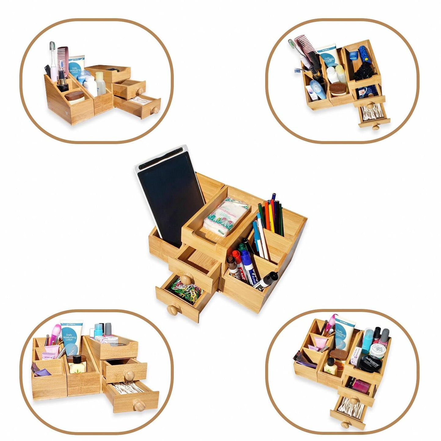 3-Piece Bamboo Storage Organizer with Magnetic Sections – Modular Desktop & Home Organizer