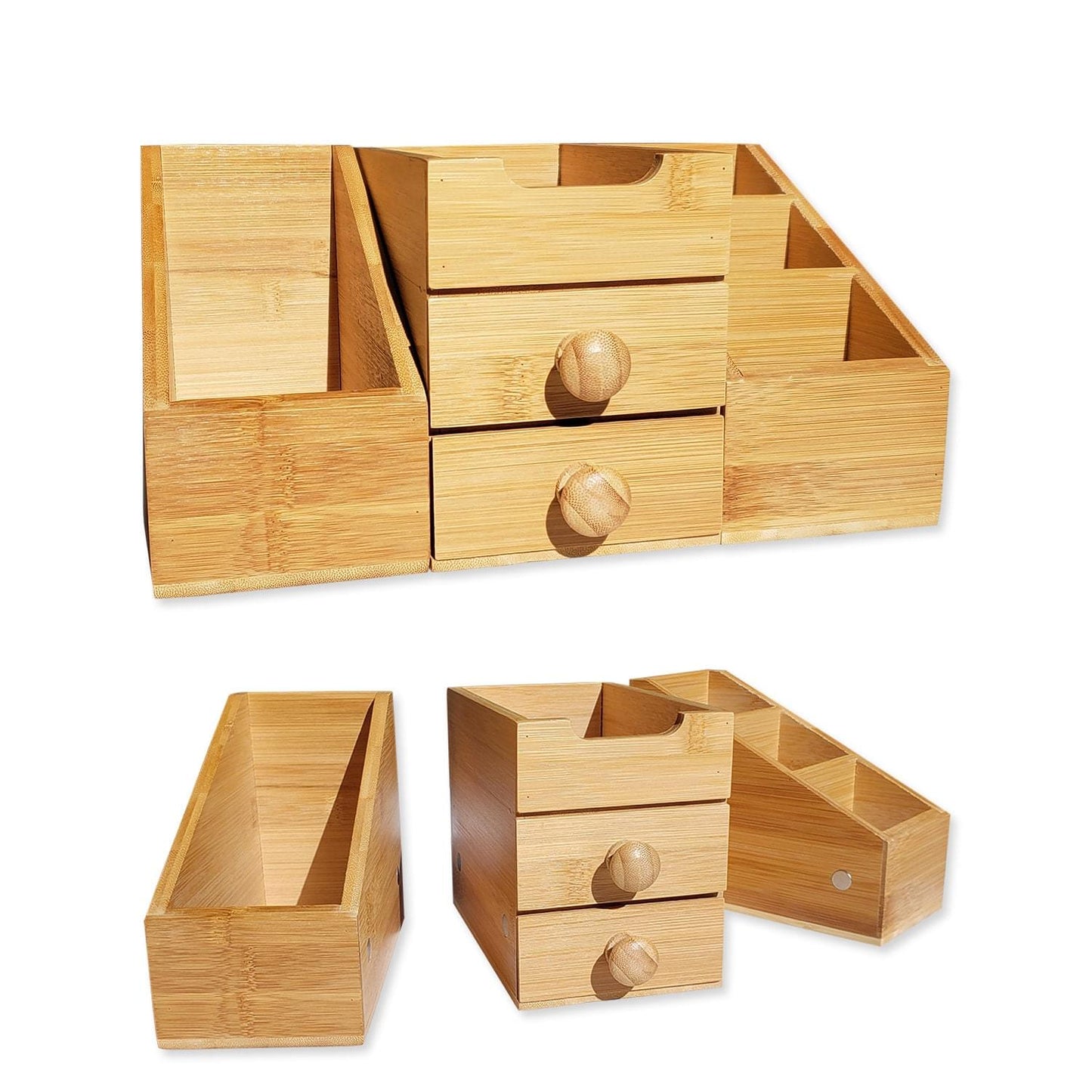 3-Piece Bamboo Storage Organizer with Magnetic Sections – Modular Desktop & Home Organizer