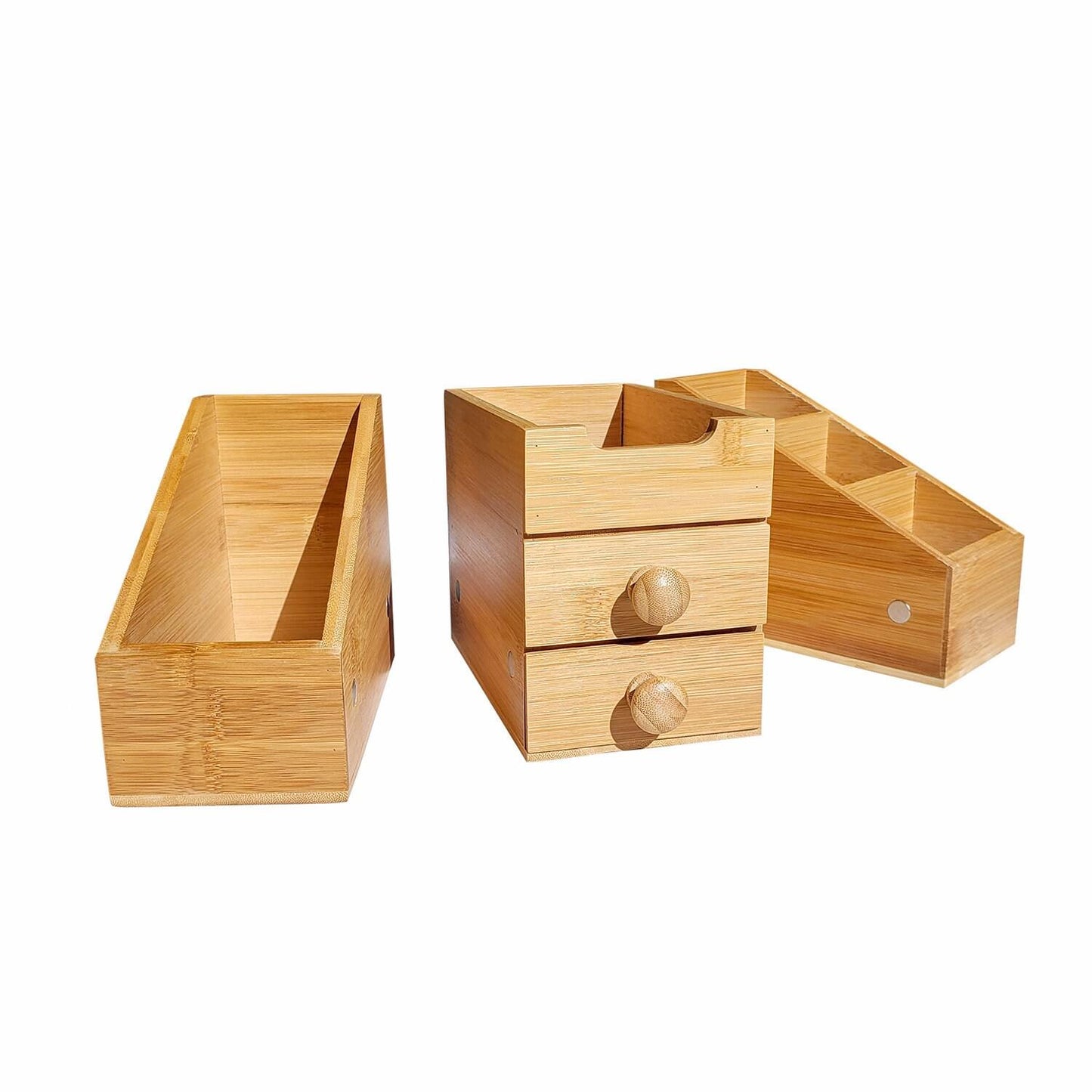 3-Piece Bamboo Storage Organizer with Magnetic Sections – Modular Desktop & Home Organizer