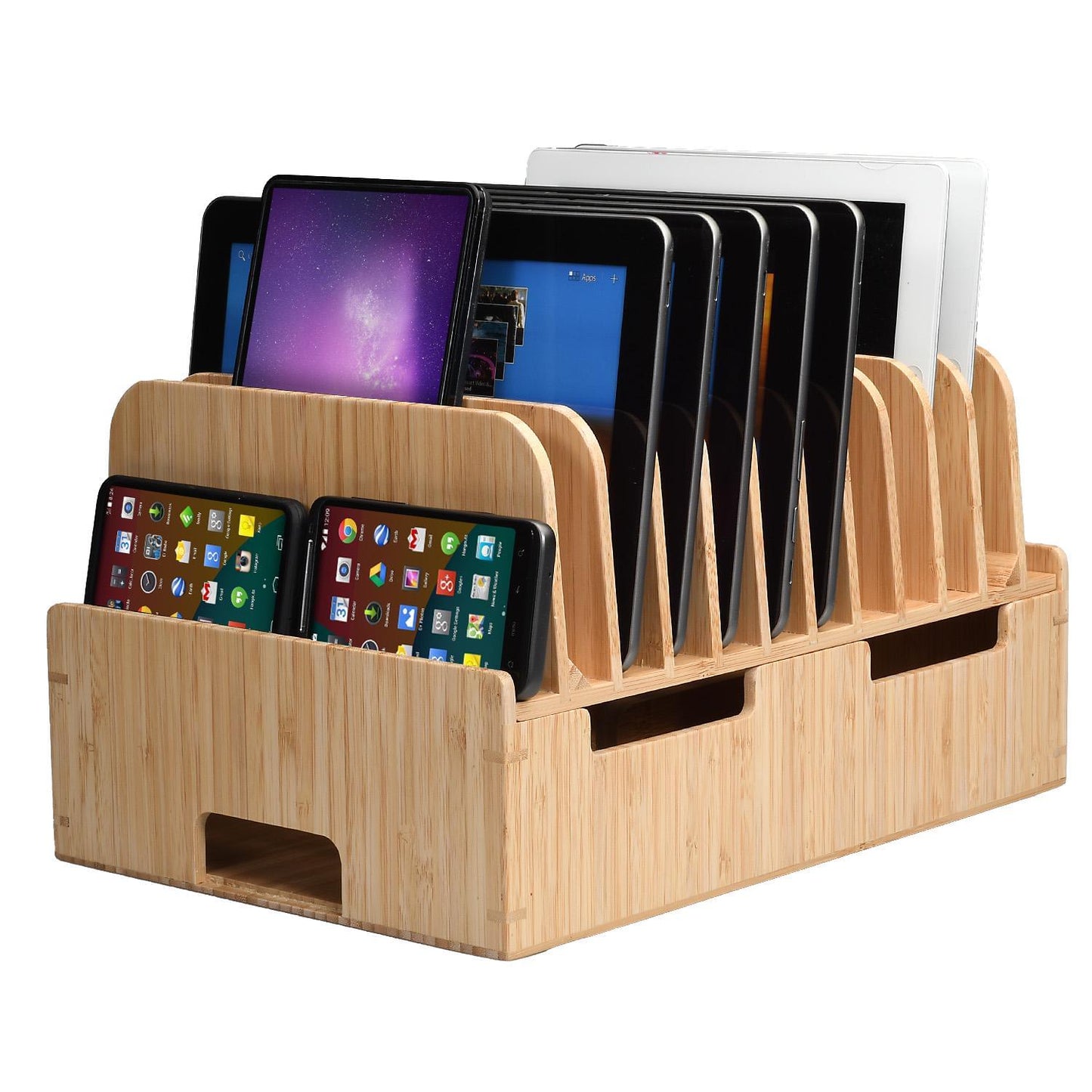 Bamboo 12-Port Charging Station & Docking Organizer for Smartphones, Tablets, Family-Sized (Combos Included)